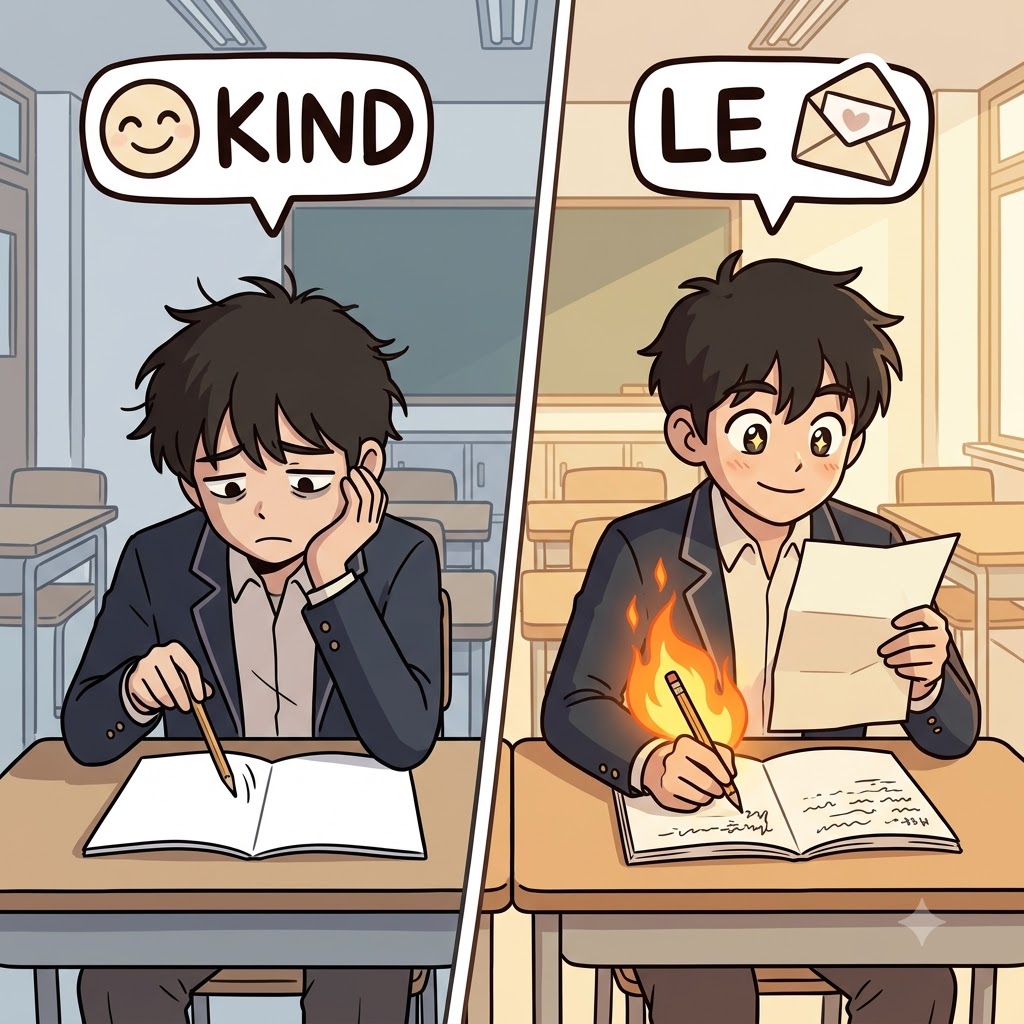 KIND(친절한) + LE(편지/letter) — 선생님의 친절한(KIND) 편지(LEtter)를 읽는 것은 글쓰기에 대한 그의 열정에 즉각적으로 불을 붙였다(kindle).
