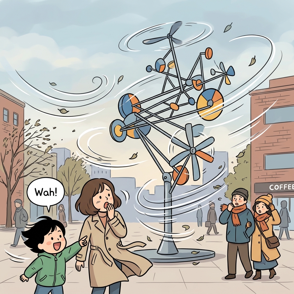 The kinetic sculpture spins wildly as wind rushes through the plaza.