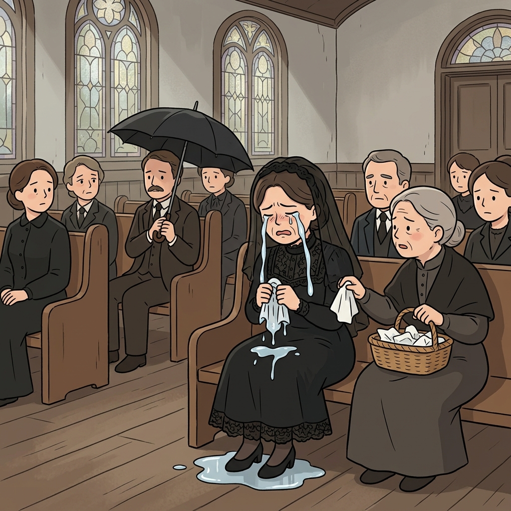 The lachrymose widow couldn't stop weeping during the entire funeral service.