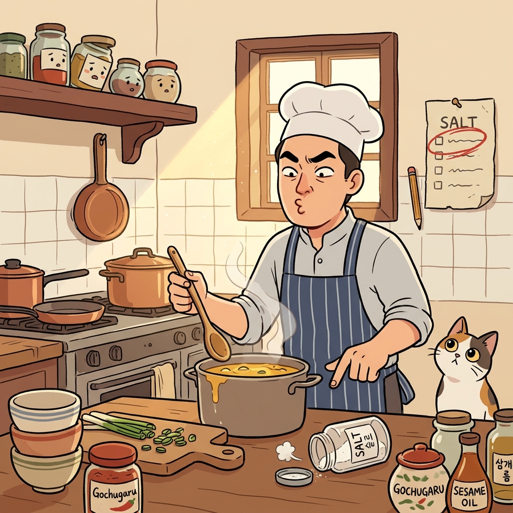 The soup is lacking salt, so the chef frowns at the first taste.