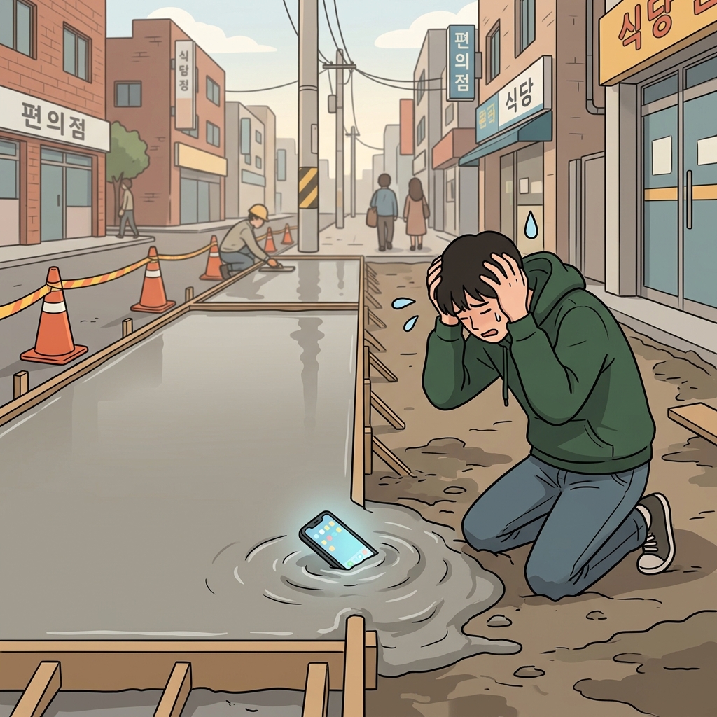 Dropping his phone into wet cement was a lamentable mistake.