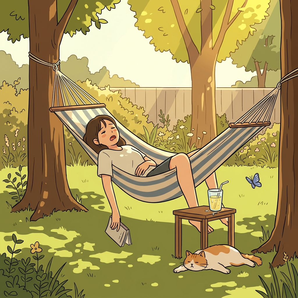 She spent the languid afternoon dozing in the hammock under the sun.