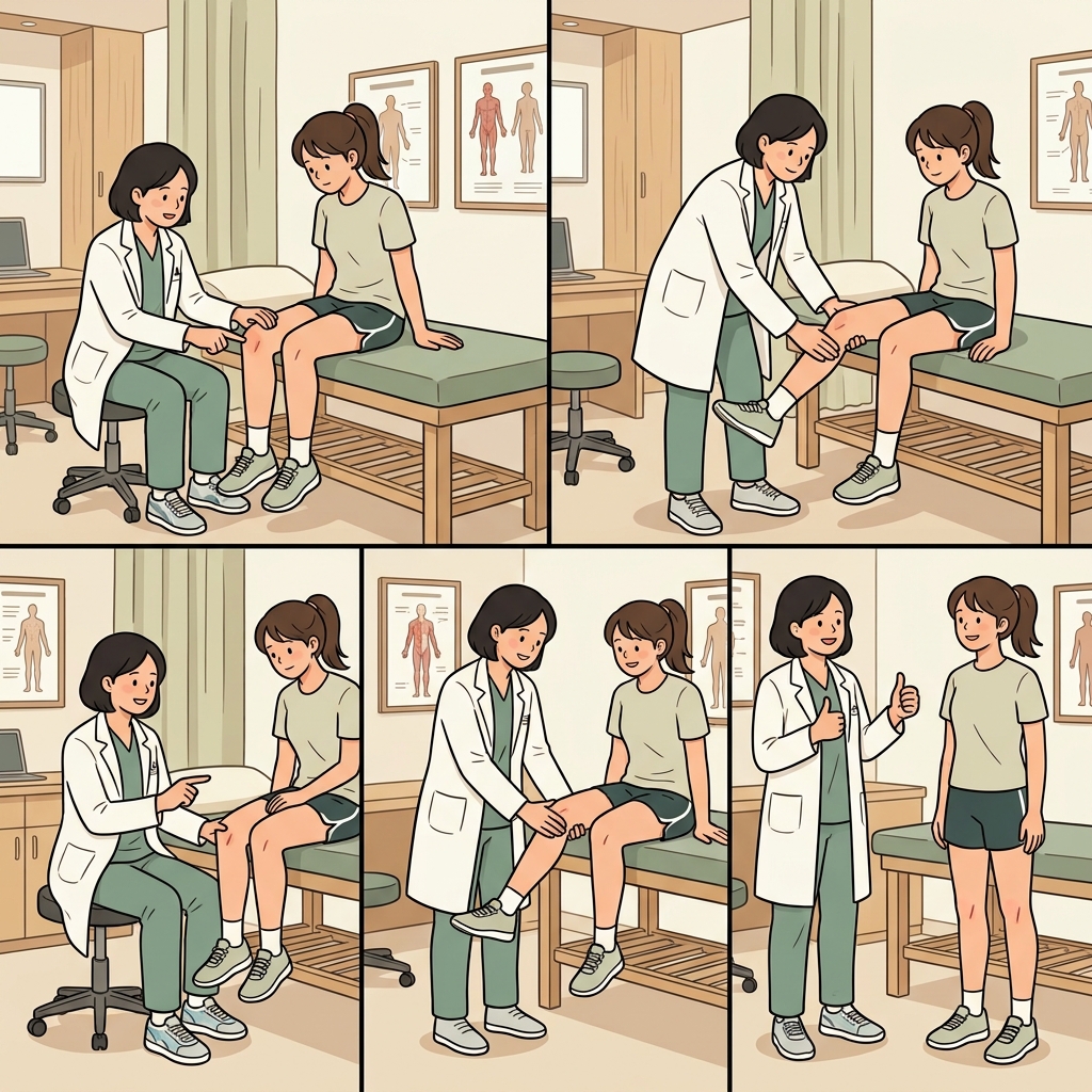 The sports doctor examined the lateral side of the runner's knee, checked the collateral ligament, and confirmed there was no bilateral injury.