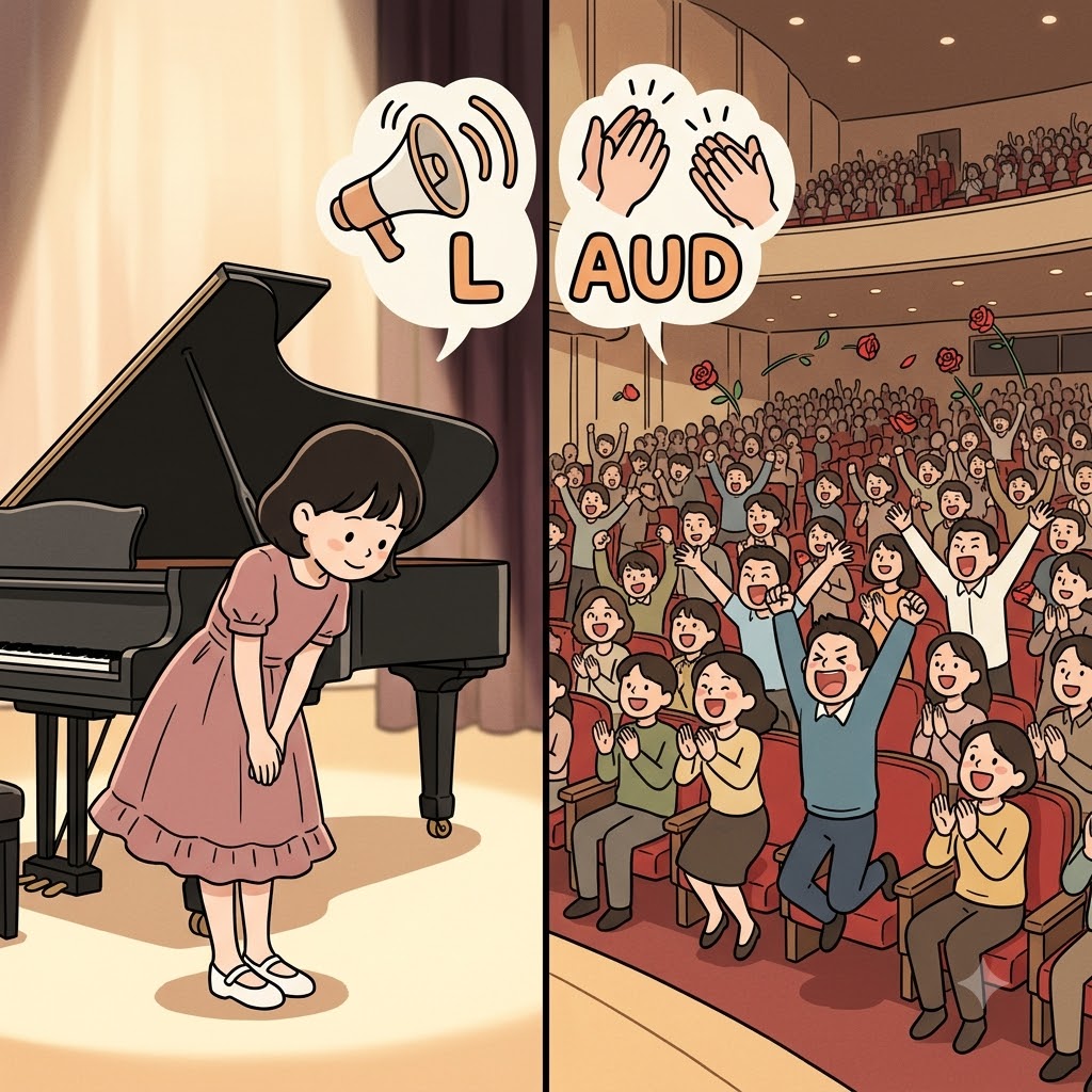 L(loud) + AUD(audience) — the LOUD AUDience jumped out of their seats to completely laud the amazing piano performance.