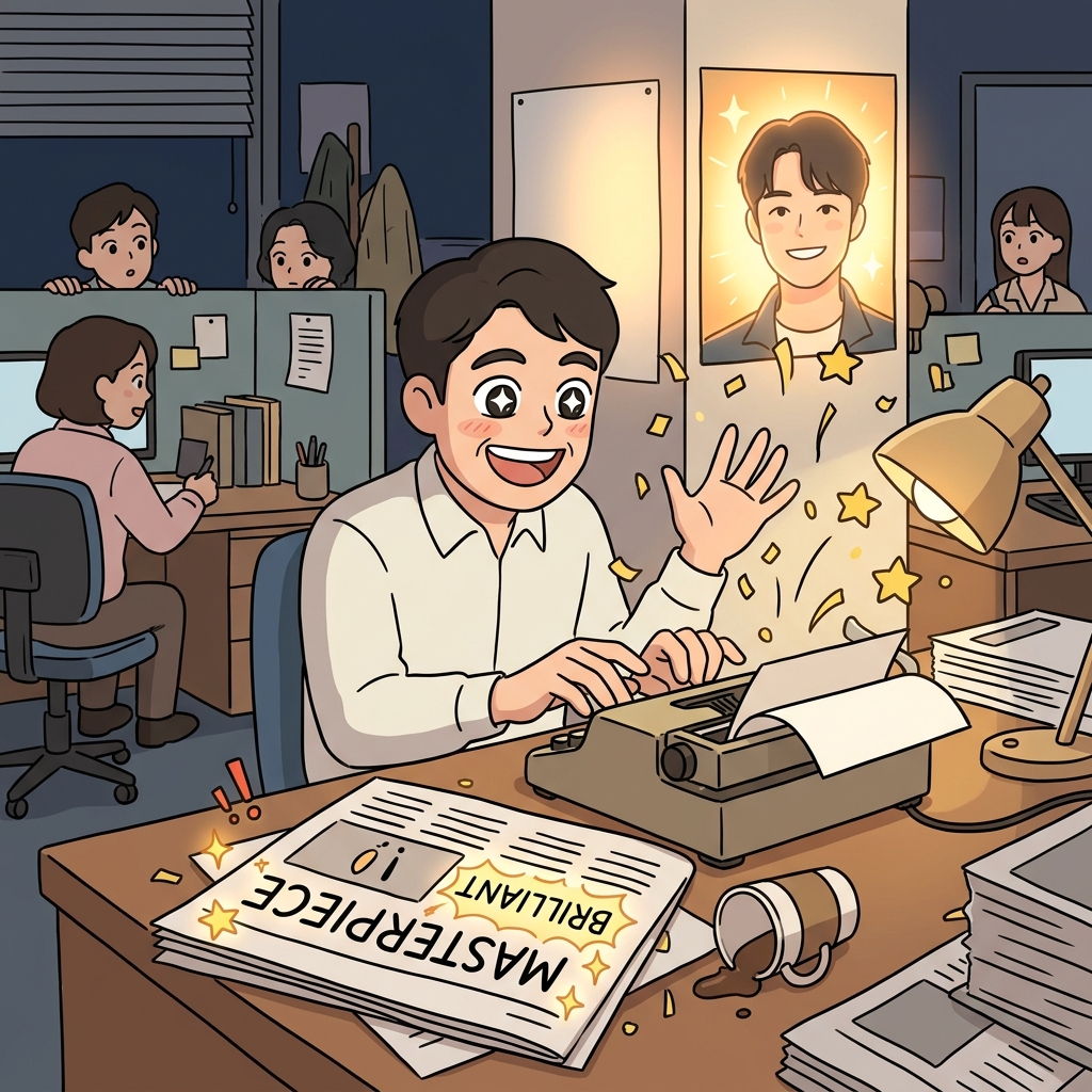 평론가가 신인 감독의 영화를 극찬하는 리뷰를 썼다.