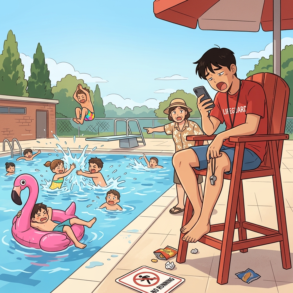 The lax lifeguard scrolls his phone while kids run wild by the pool.