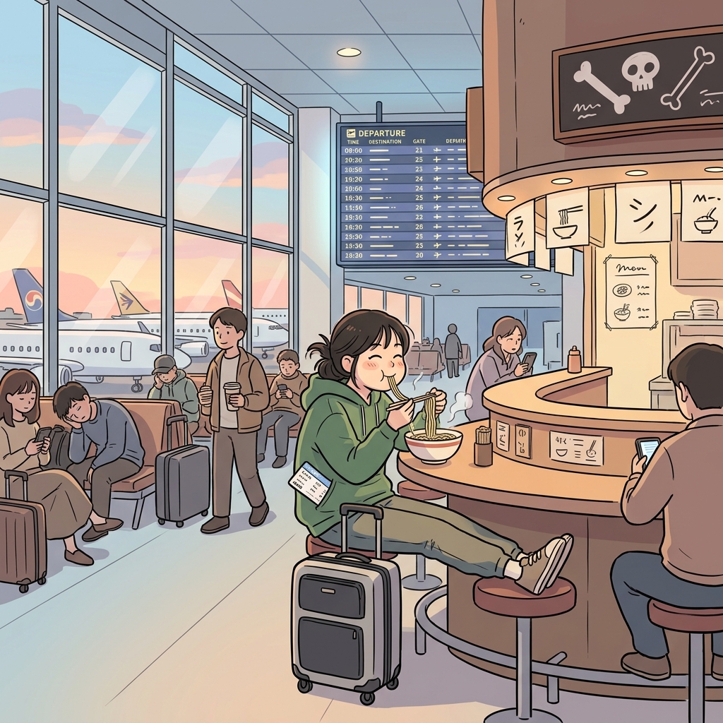 During her long layover in Tokyo, she sipped ramen at the airport terminal.