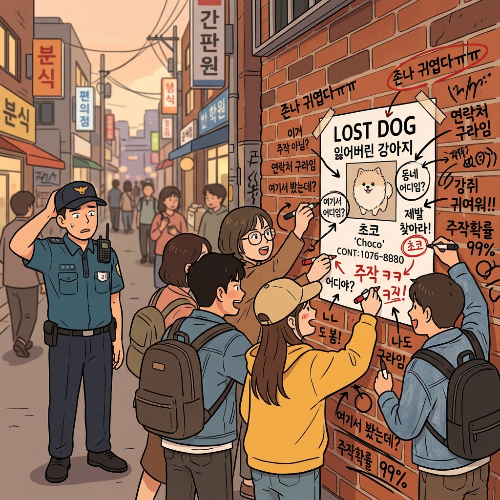 행인들은 그 물리적인 전단지를 웹페이지처럼 취급하며, 마커로 온 사방에 혼란스러운 리플(댓글)들을 공격적으로 적어놓았다. ("리플(reply)이 잔뜩 달린 릿(지/종이)")