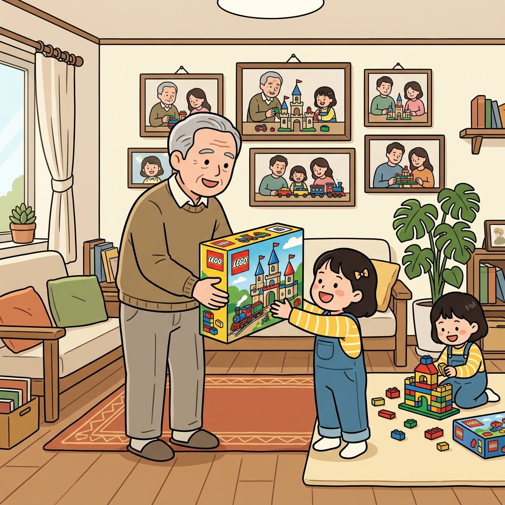 할아버지는 자신의 레고 컬렉션을 손녀에게 유산으로 남겨 주었다. ("레고(LEGO)를 남겼지!" → 다음 세대가 계속 이어받는 유산)