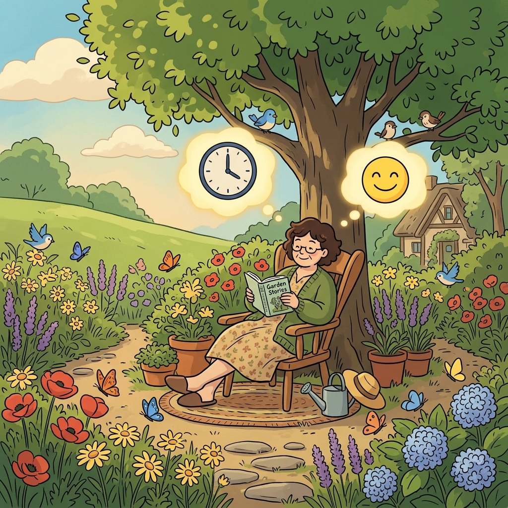 그녀는 그늘진 나무 아래 정원에서 소설을 여유롭게 읽었다.