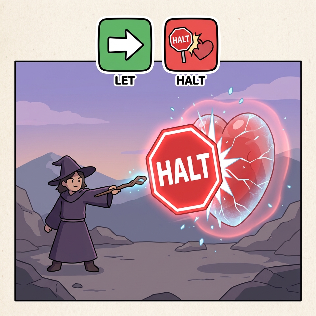 LET(make) + HALT(stop) — a lethal magic spell will immediately let your beating heart halt.