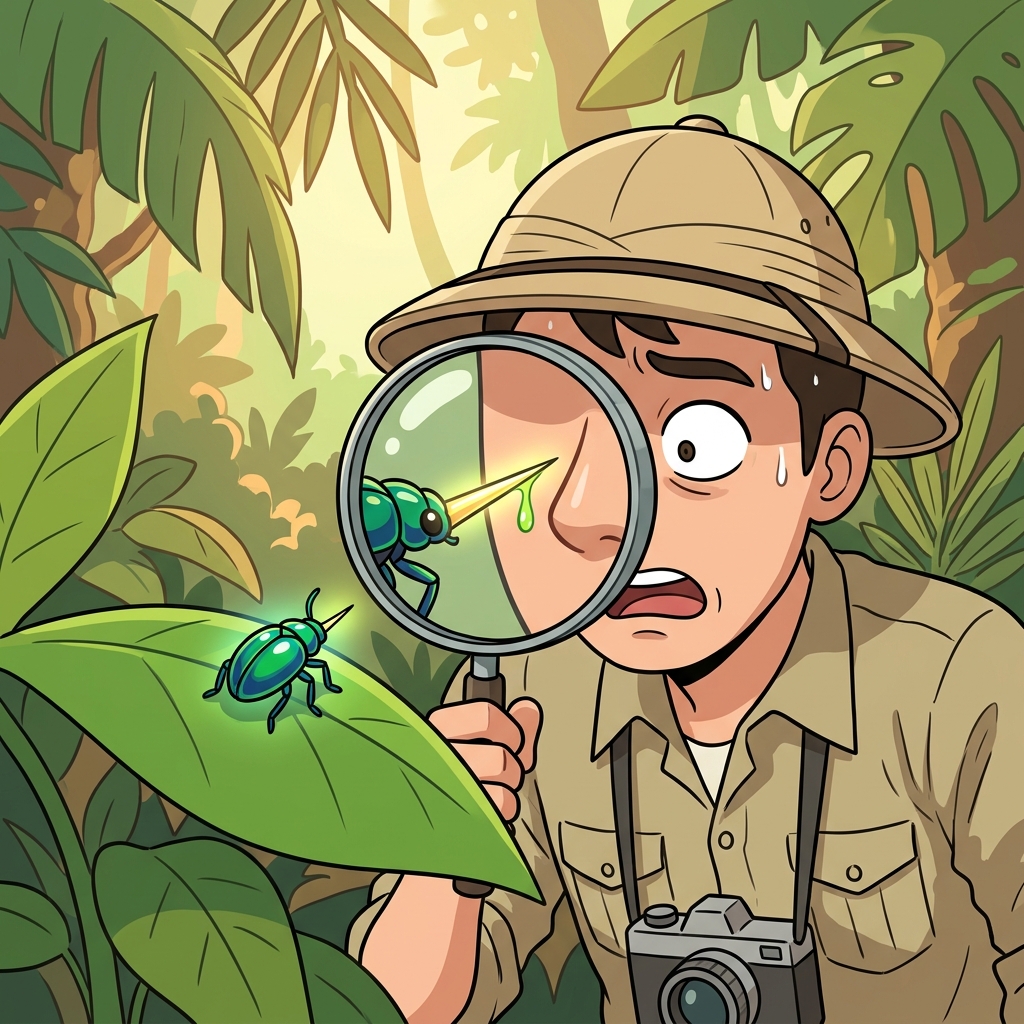 The glowing beetle extended a tiny needle, ready to deliver a completely lethal sting to the explorer.