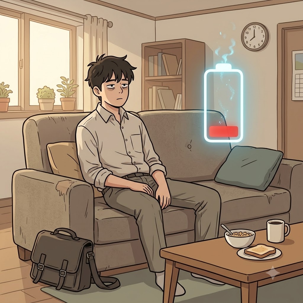 His lethargy left him too drained to get off the couch or start his morning. (Think of: lethargy → "LETHARGIC ENERGY")