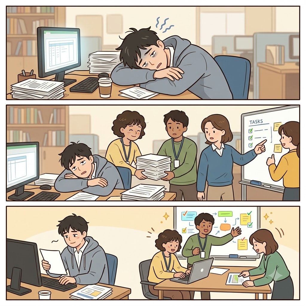 His lethargy drained his energy, so his team worked together with synergy to finish the project.
