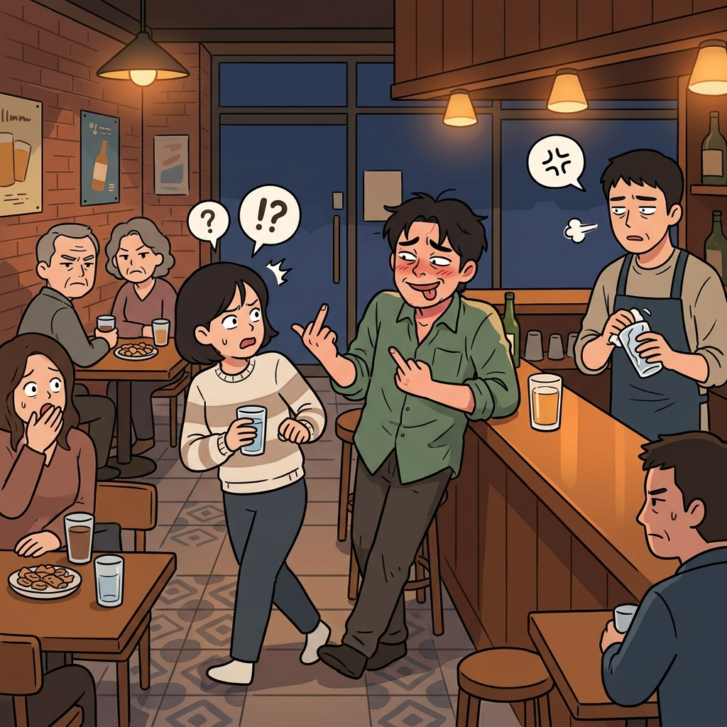 그가 술집에서 저속한 몸짓을 하자 사람들이 인상을 찌푸렸다.