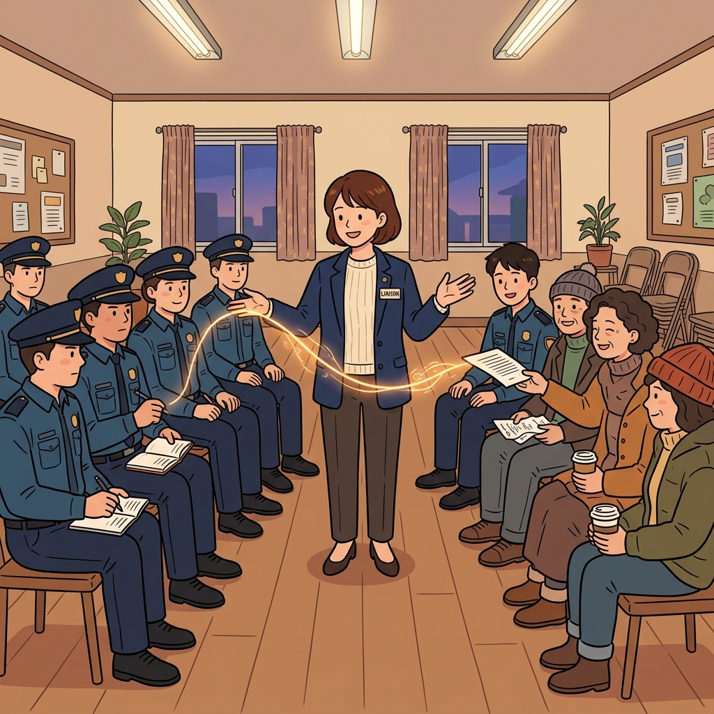 The liaison officer connects the police and the community during the town meeting.