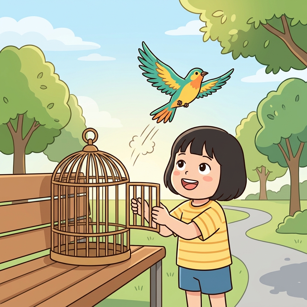 아이는 새장을 열어 새를 자유롭게 풀어 주었다. (Liberty(자유)를 준다.)