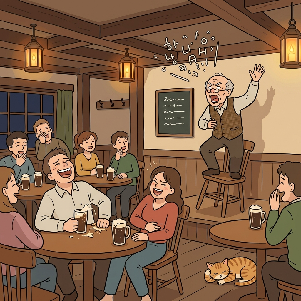 At the pub, an old poet recites a limerick and everyone bursts out laughing.