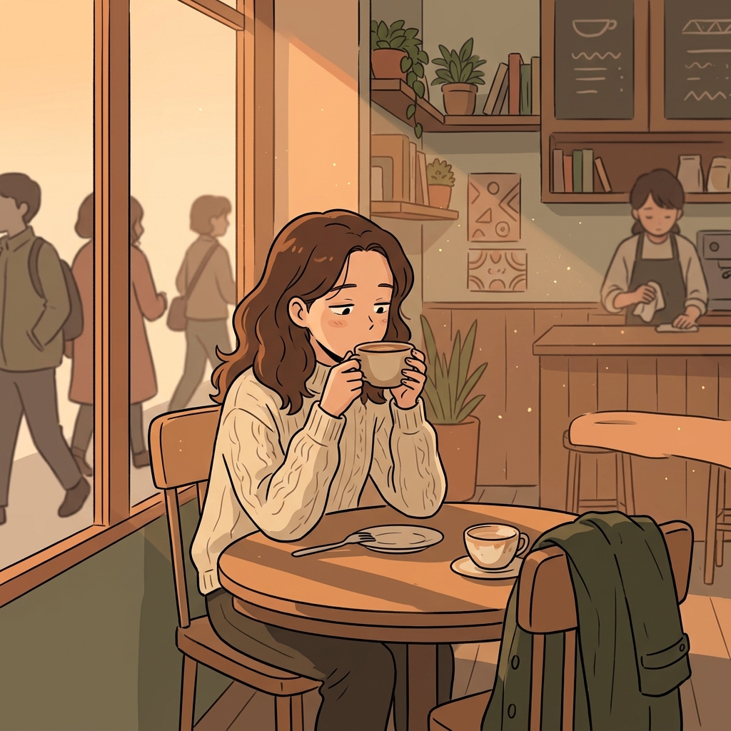 She lets the last sip of coffee linger as sunset paints the cafe window.