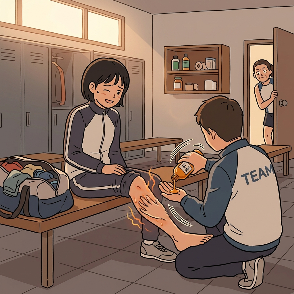 트레이너가 선수의 종아리에 물약을 발라 근육을 풀어준다.