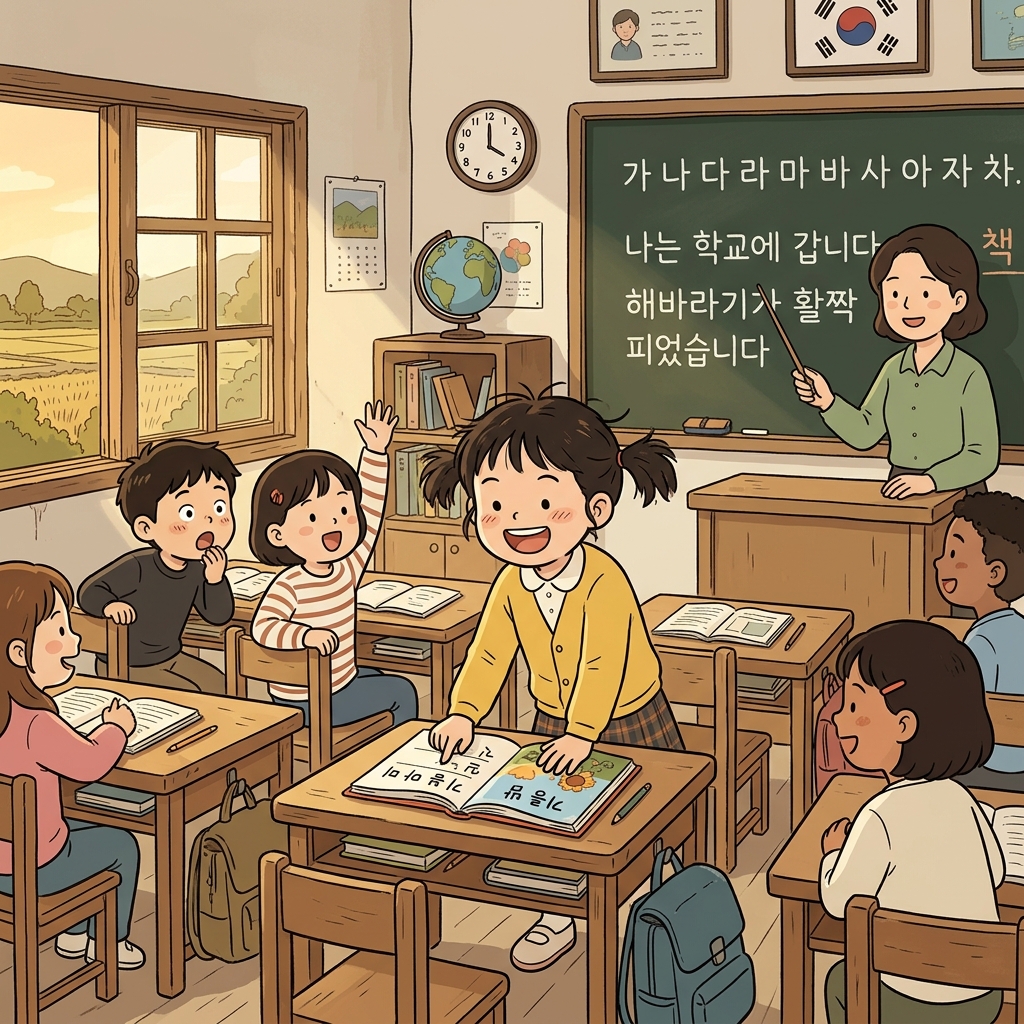 마을 교실에서 아이들이 처음으로 문장을 소리 내어 읽는다.