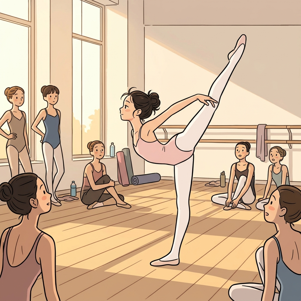 The lithe dancer bends effortlessly across the studio floor.