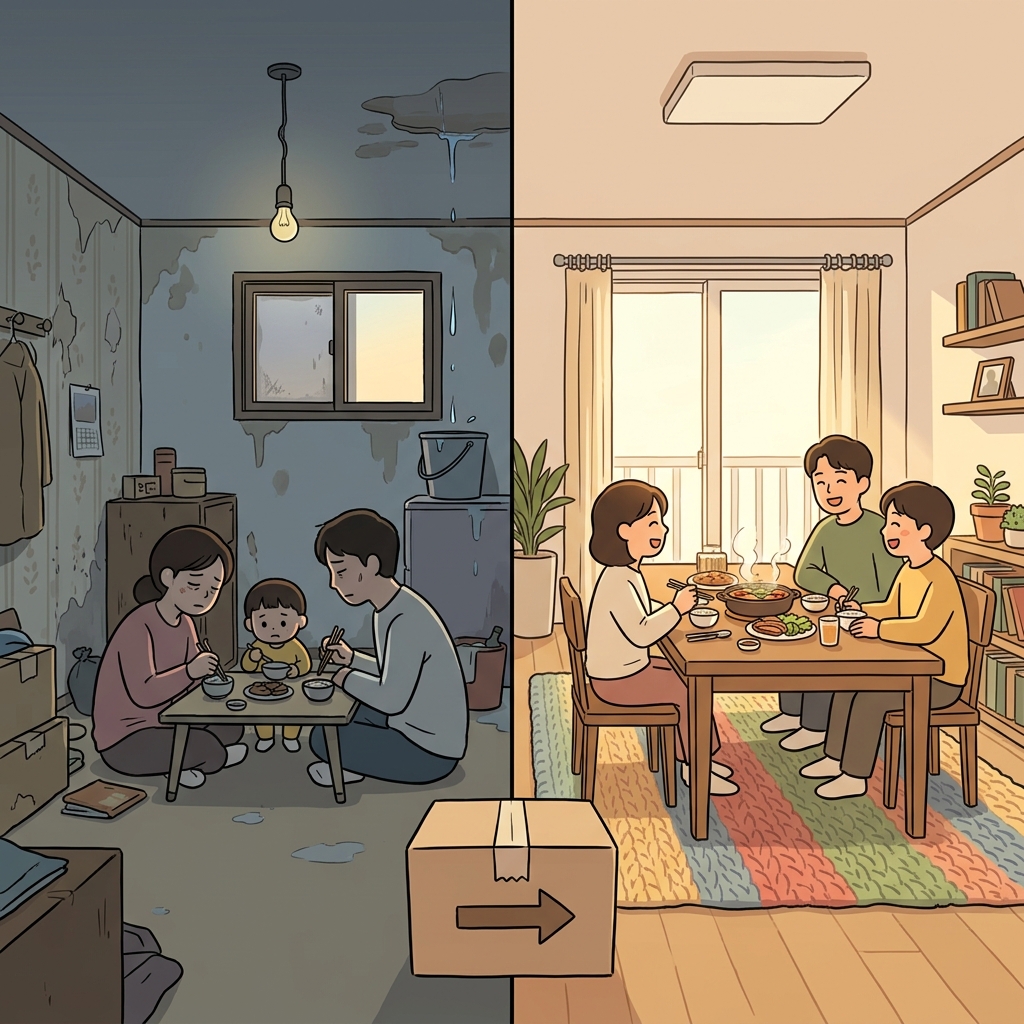 이사 가고 나서 가족의 생활 환경이 훨씬 좋아졌다.