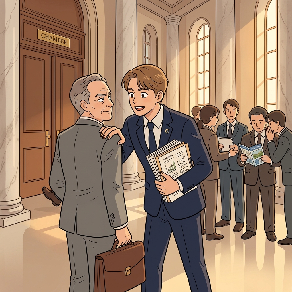 The lobbyist corners a senator in the marble hallway, pushing a new tax bill.