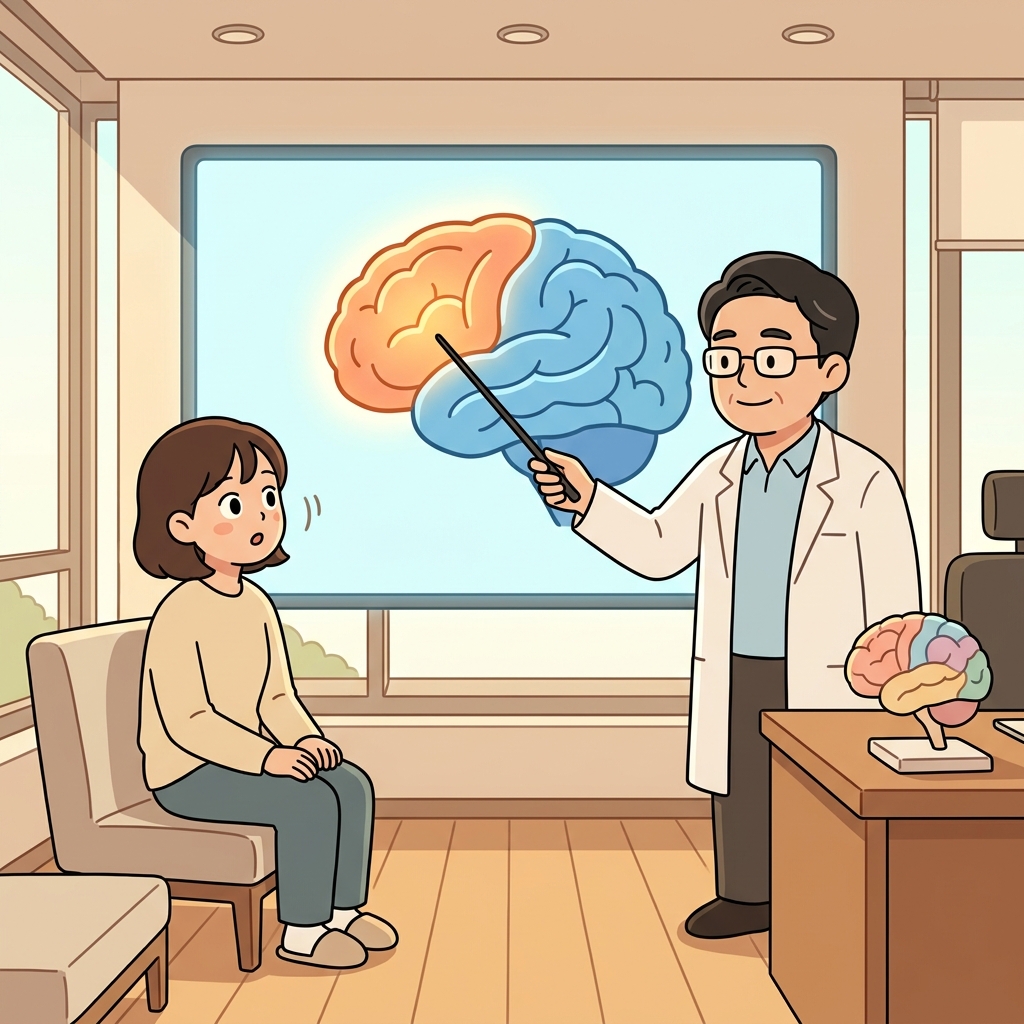 의사가 환자에게 뇌의 전두엽 부위를 차분히 가리켜 설명한다.