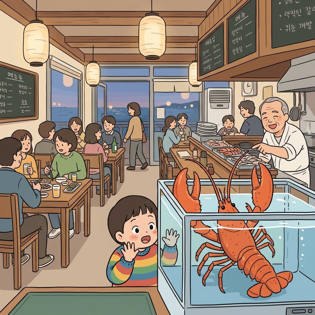 수족관 속 커다란 랍스터가 집게를 흔들고 있다.