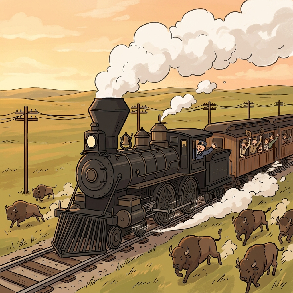 The old steam train's locomotion carried settlers across the vast prairie.