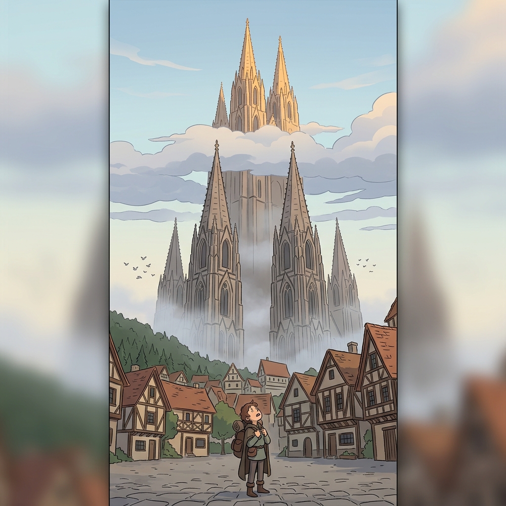 The lofty cathedral spires pierce the morning clouds high above the town.