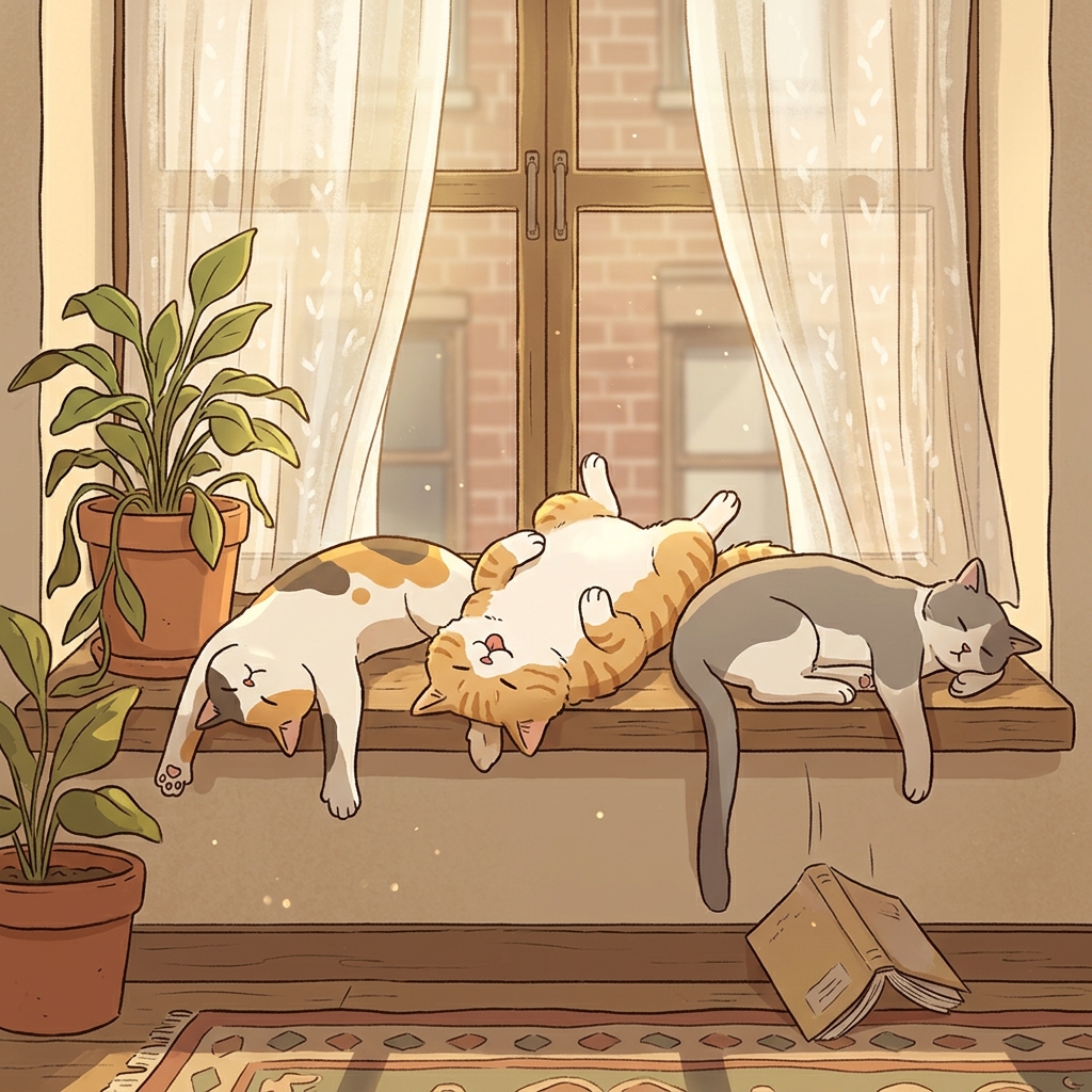 The cats loll on the sunny windowsill all afternoon, too lazy to move.