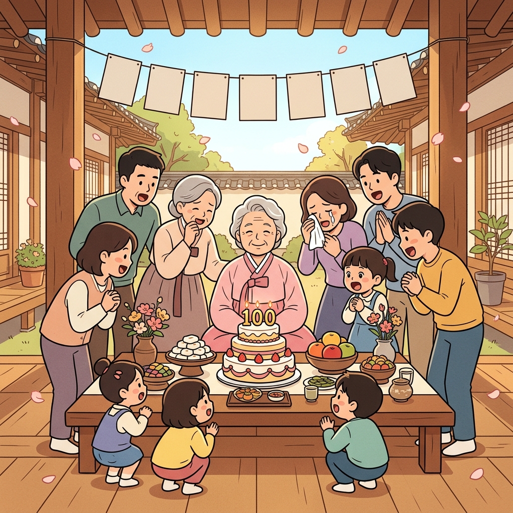 할머니의 100세 생신, 온 가족이 장수를 축하한다.