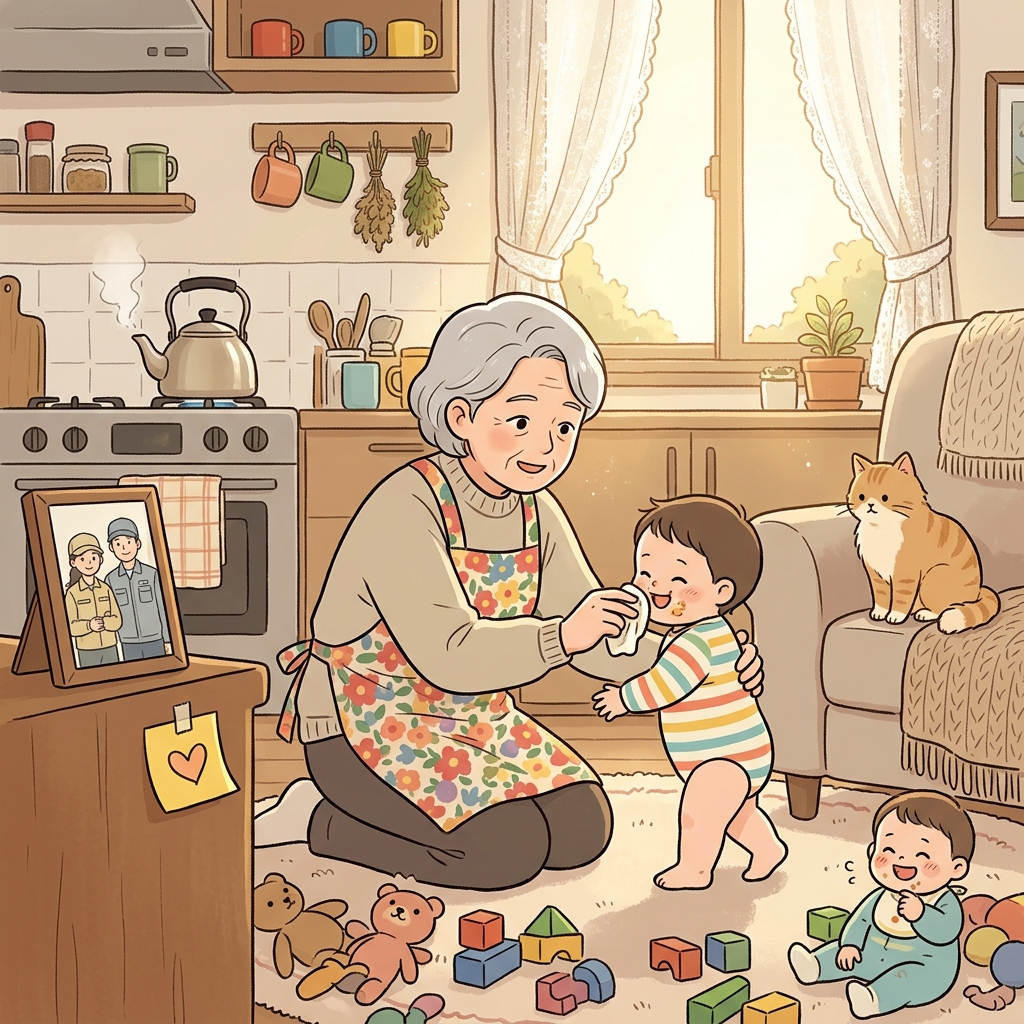 Grandma looks after the twins while their parents are at work.