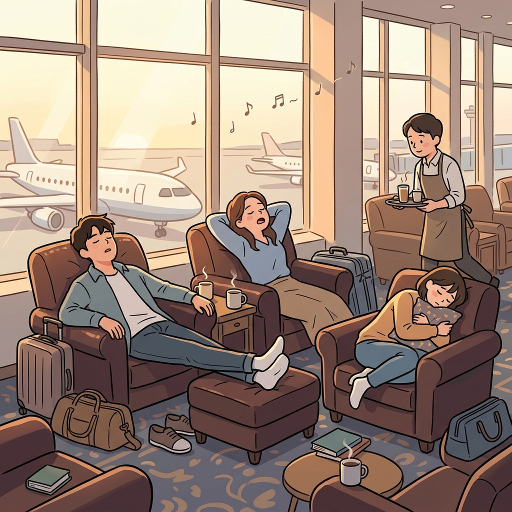 After a long flight, travelers lounge in deep armchairs at the airport lounge.