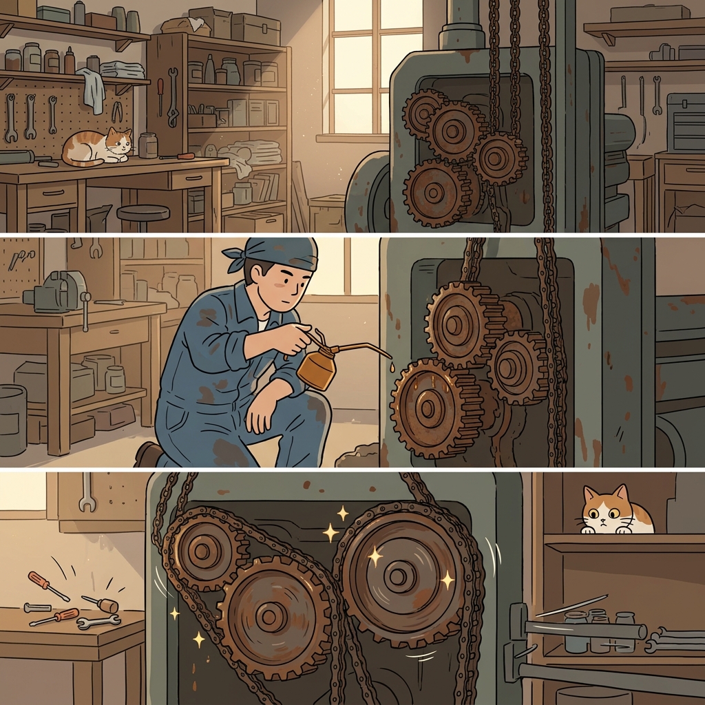 The mechanic lubricates the rusty gears until they spin smoothly again.