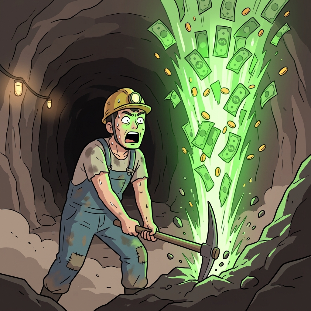 The desperate miner aggressively slammed his pickaxe into the rock, and a massive geyser of cash violently exploded, proving the mine was incredibly lucrative.