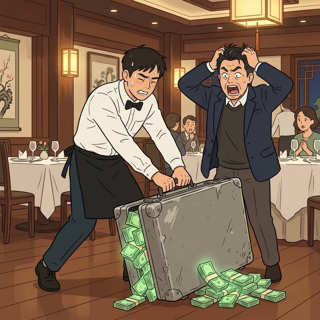 충격받은 사장이 "누(lu)가 이렇게 크(cra)게 팁(tive)을 줬어?!"라고 소리치는 동안, 웨이터는 거대한 현금 가방을 힘겹게 끌고 오며 자신의 근무가 엄청나게 돈벌이가 되는(lucrative) 시간이었음을 보여주었다.