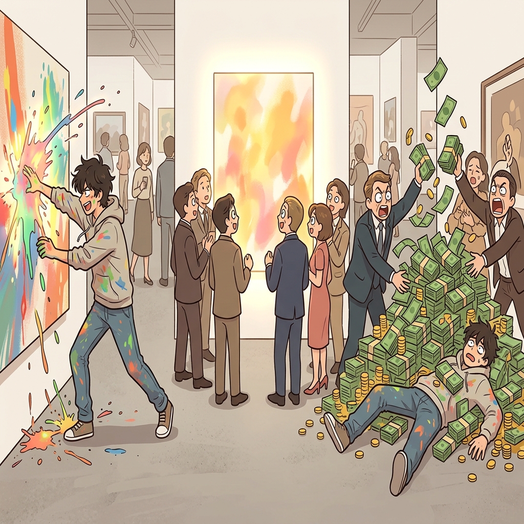 The artist painted a highly creative and beautifully attractive masterpiece, instantly getting crushed under a massive, lucrative pile of cash thrown by screaming buyers.