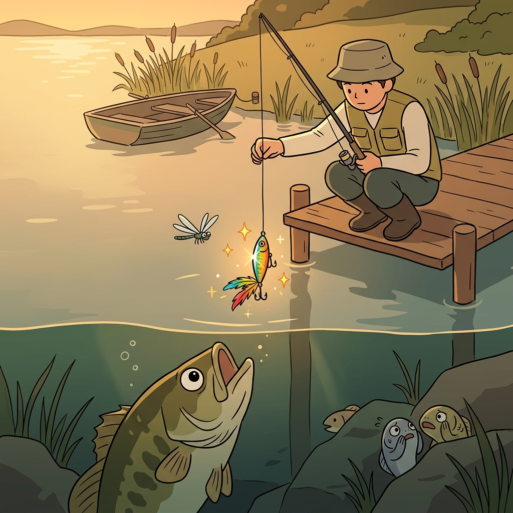 The fisherman uses a shiny lure to trick the big bass into biting.