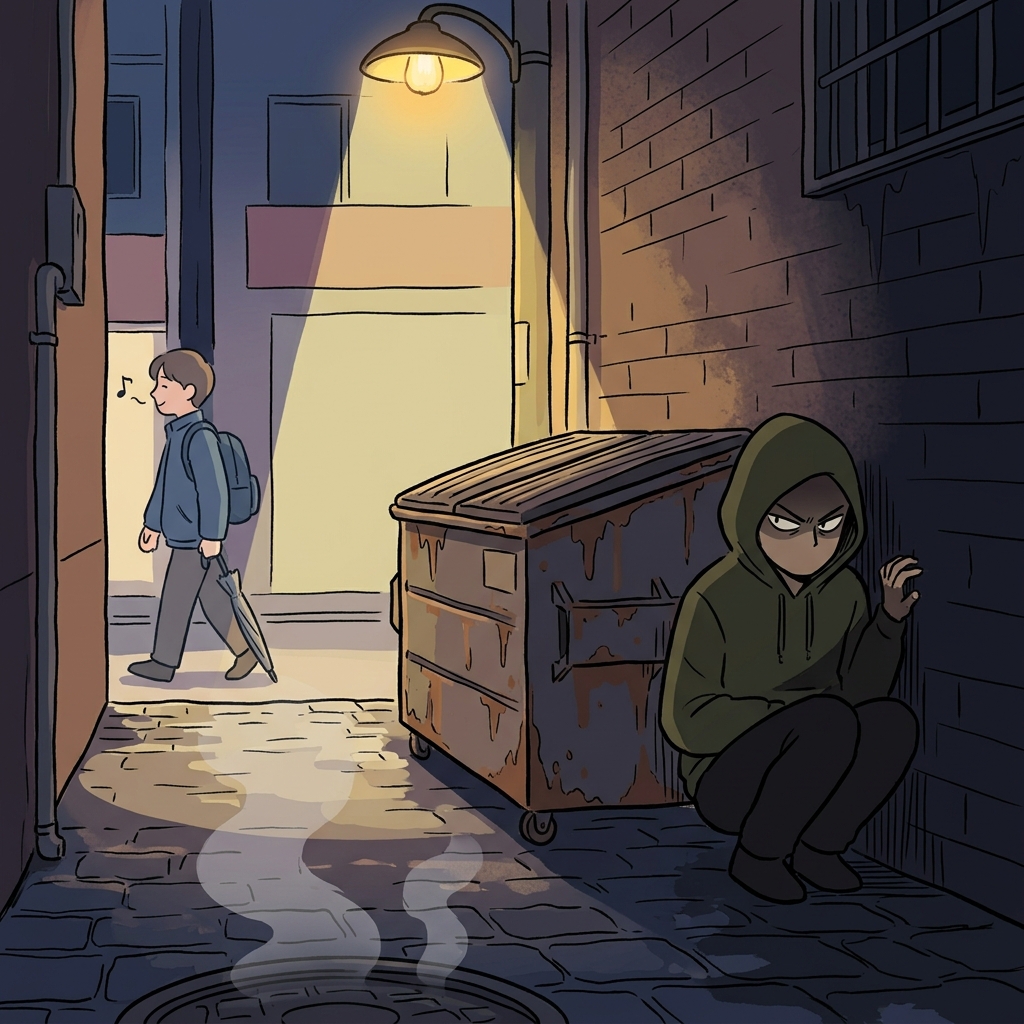 A shadowy figure lurks behind the alley dumpster, waiting for the perfect moment.