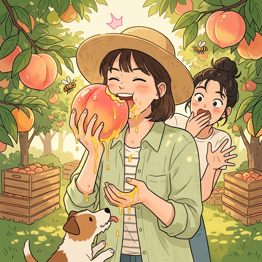 복숭아를 한 입 베어 물자 과즙이 주르륵 흘렀다.