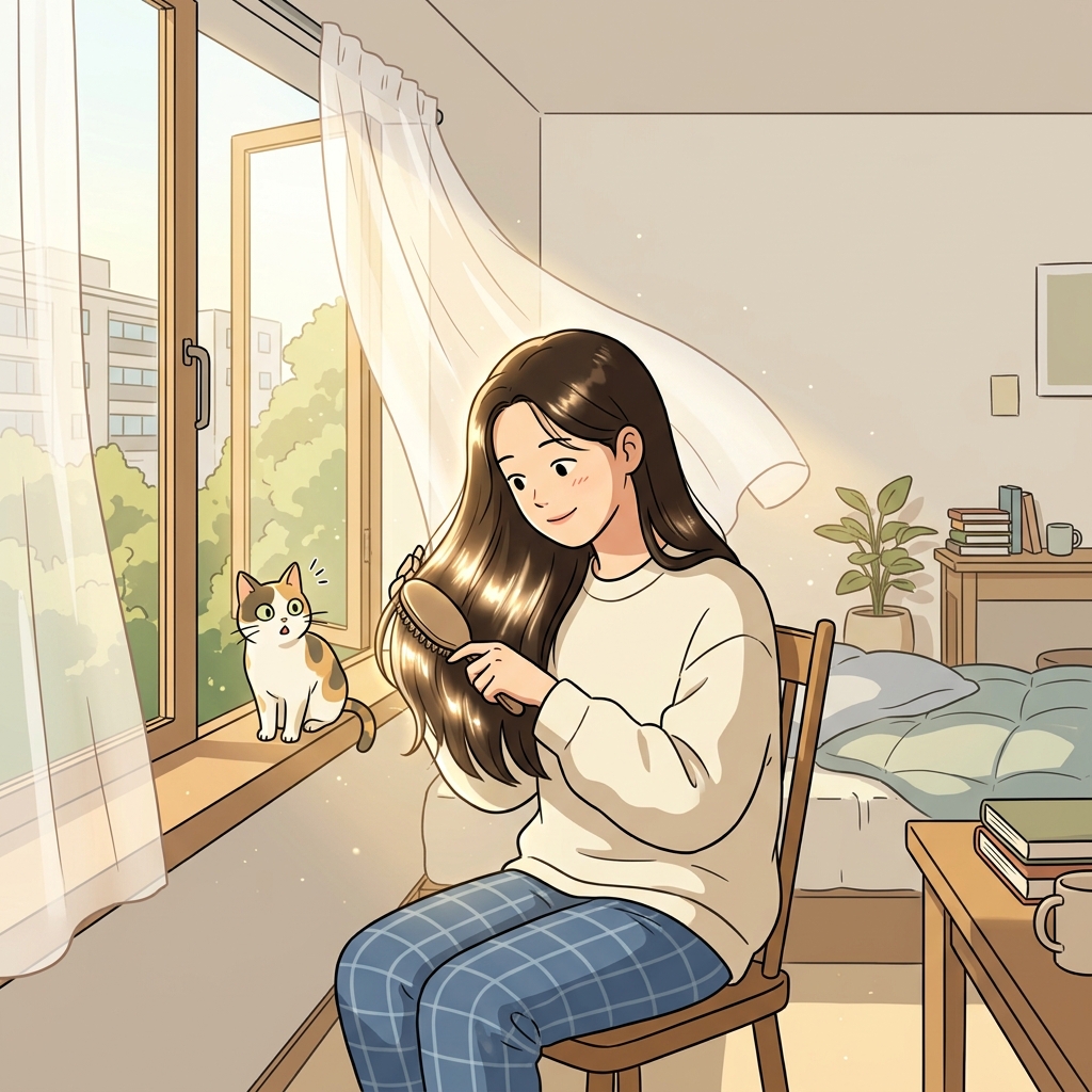 Her lustrous hair caught every ray of morning sunlight.