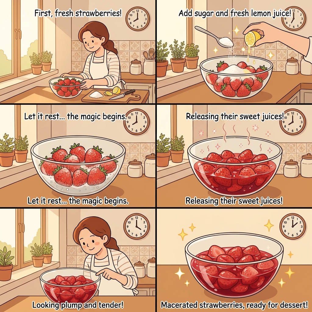 The chef will macerate the strawberries in sugar and lemon juice for an hour.