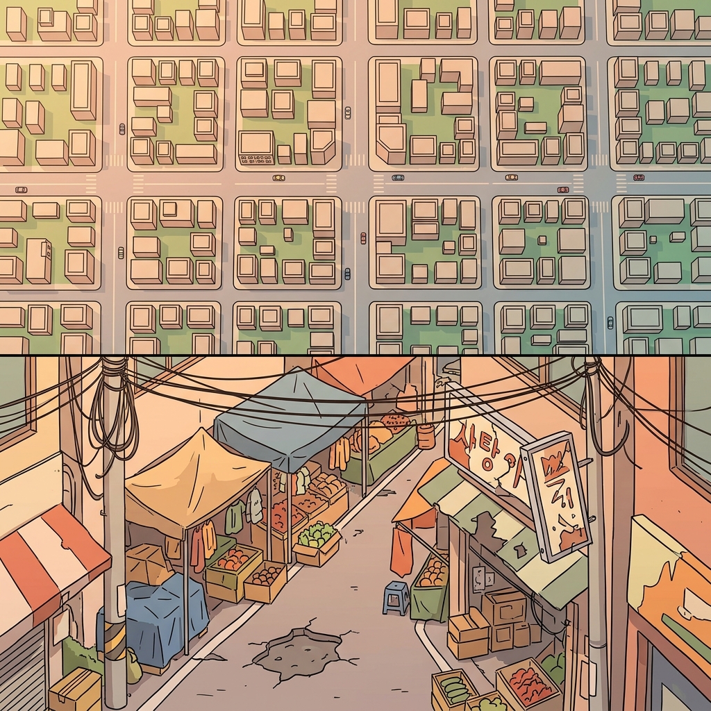 거시적 수준에서 도시는 질서 있어 보였다 — 하지만 가까이서 보면 모든 거리가 다른 이야기를 했다.