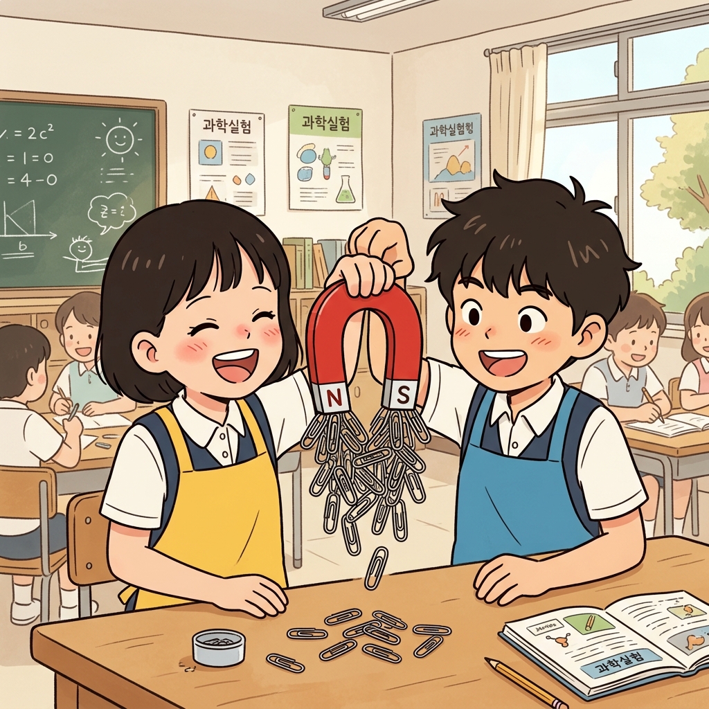 아이들은 클립을 척척 붙이는 자성이 있는 장난감으로 놀았다. (마법(Magic)처럼 끌어당긴다.)