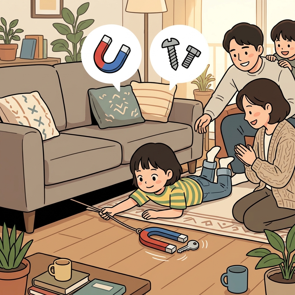 자성을 띤 도구는 소파 밑의 열쇠를 끌어냈다.