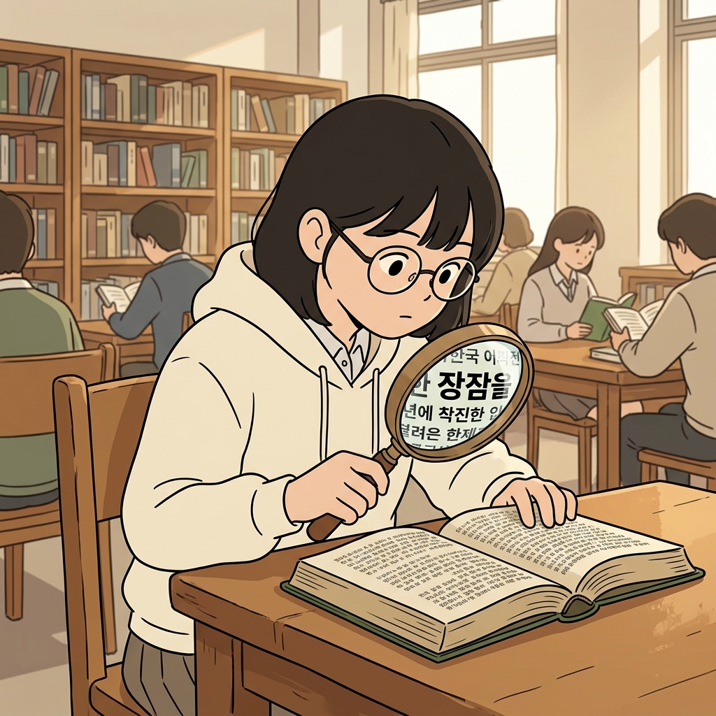 그녀는 돋보기로 아주 작은 글씨를 확대해서 보았다. ("막! 크게!" → 작은 것을 크게 보이게 한다)