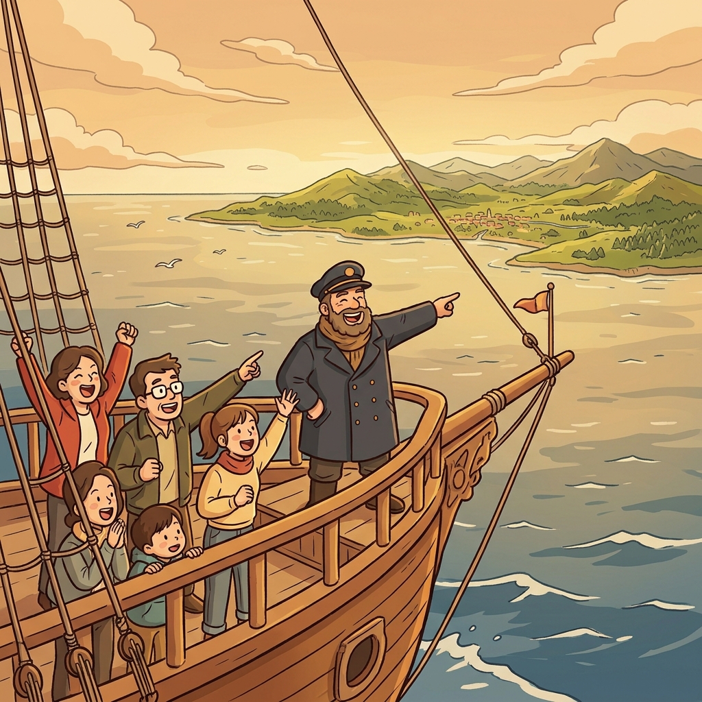 선장은 "메인 랜드!(Main land!)"라고 외쳤고, 승객들은 긴 항해 끝에 마침내 본토(mainland)를 발견했다. (가장 큰(main) 땅(land)이 보인다)